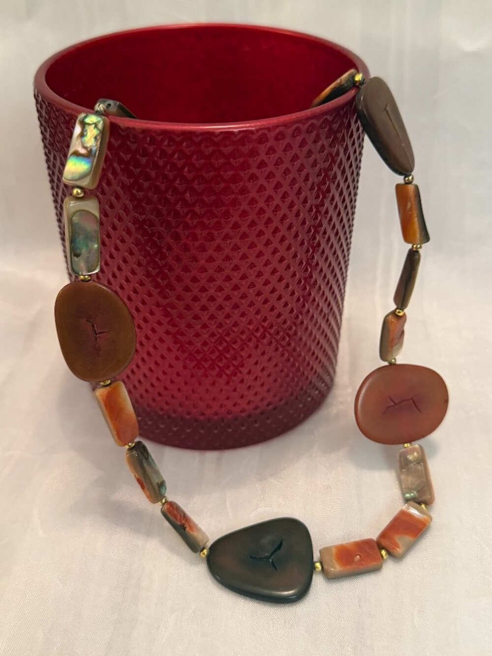 Boho Earth Tone Statement Necklace - Faux Abalone & Tortoise Resin - Chic